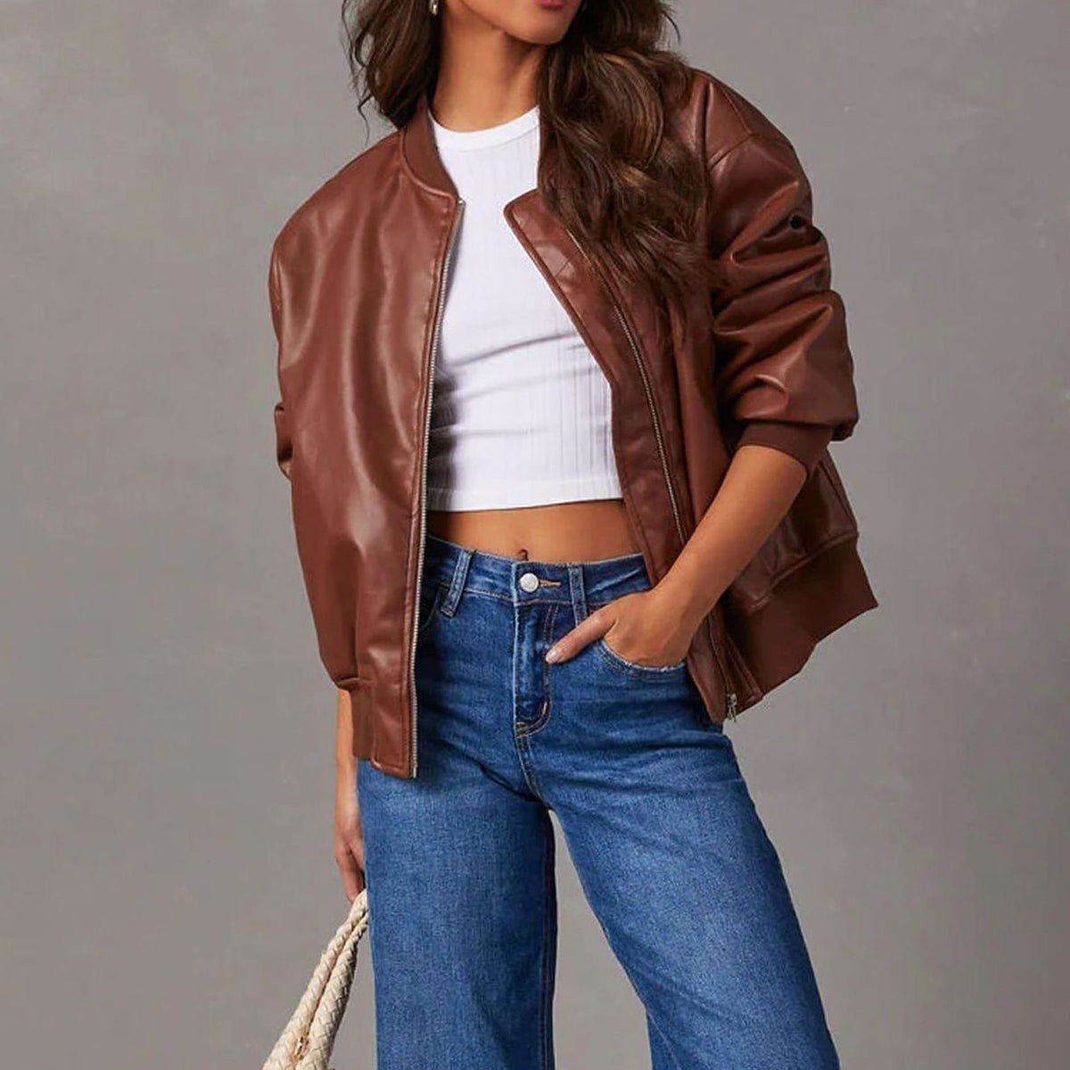 Women's Relaxed-Fit Zip-Up Vegan Leather Bomber Jacket