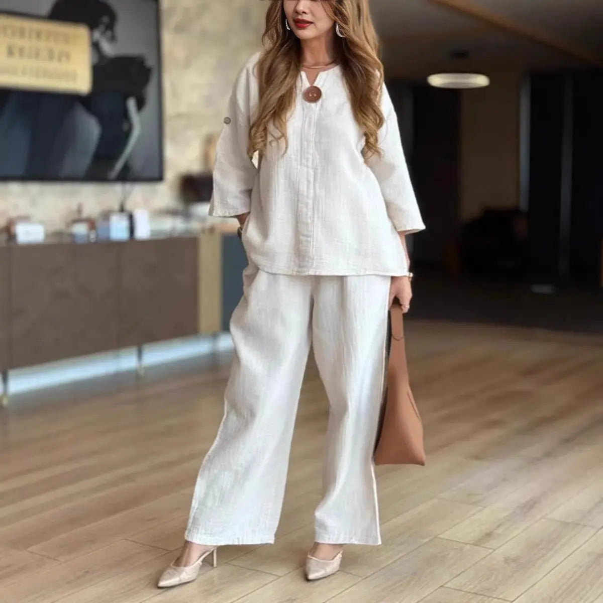 Women's Relaxed Linen Blend Tunic Palazzo Trousers Co-ord Set