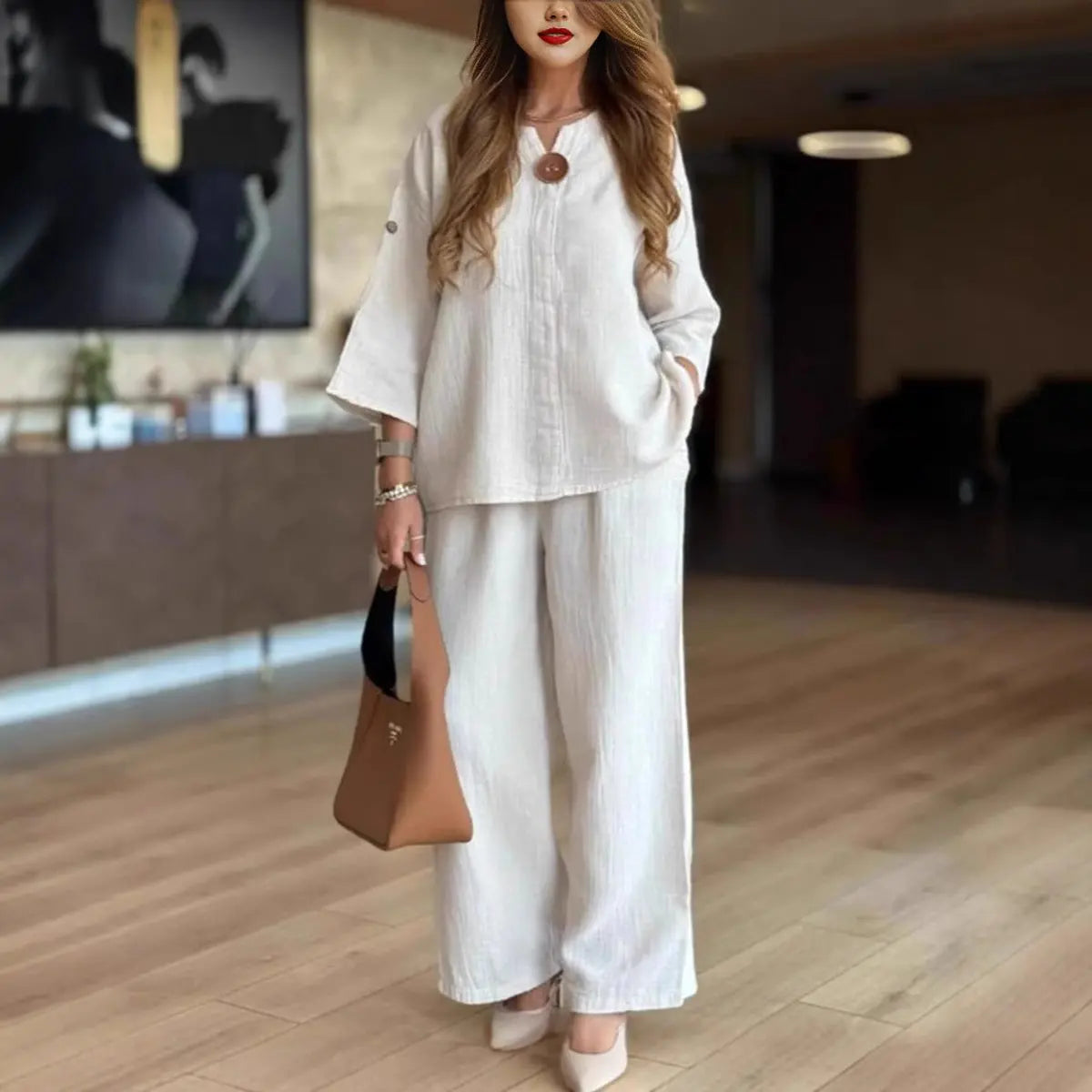 Women's Relaxed Linen Blend Tunic Palazzo Trousers Co-ord Set