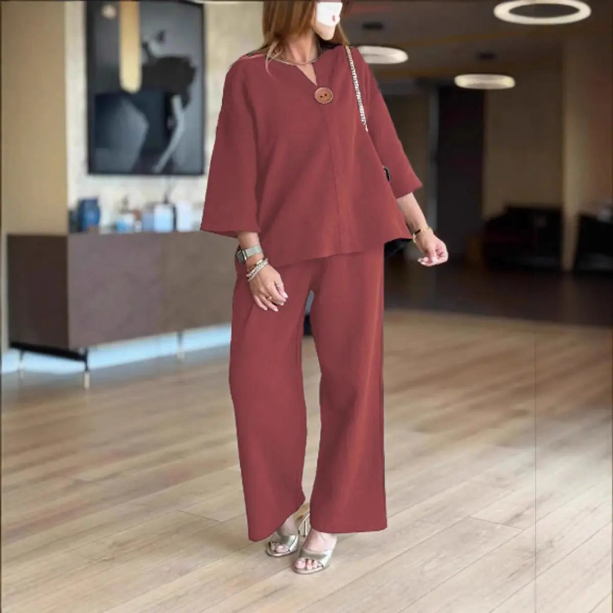 Women's Relaxed Linen Blend Tunic Palazzo Trousers Co-ord Set - Burgundy