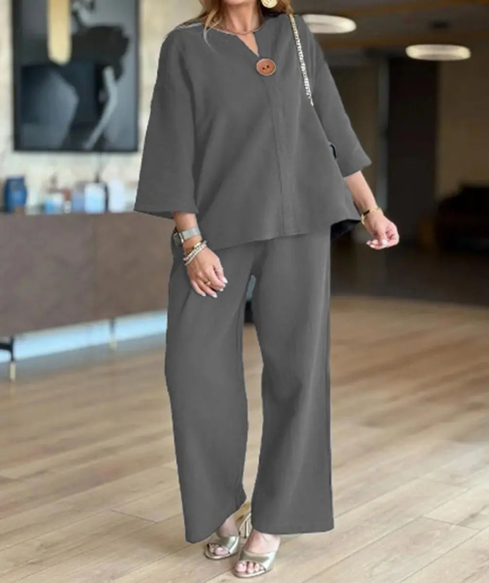 Women's Relaxed Linen Blend Tunic Palazzo Trousers Co-ord Set - Grey