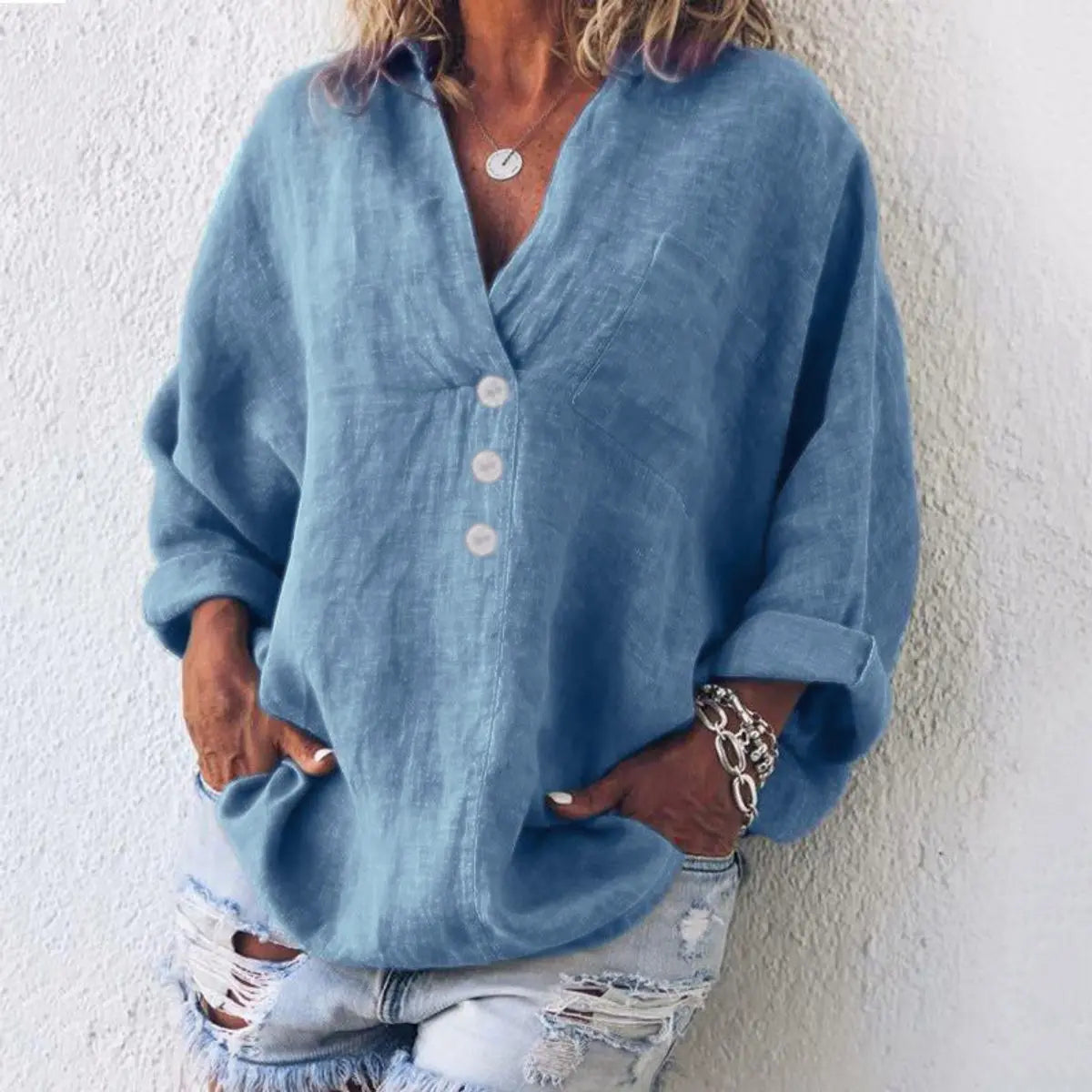 Women's Relaxed Linen Cotton V-Neck Button Sweater Shirt - Blue