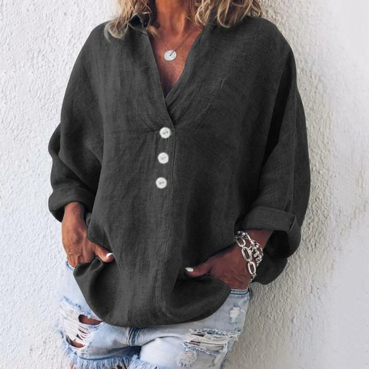 Women's Relaxed Linen Cotton V-Neck Button Sweater Shirt - Black