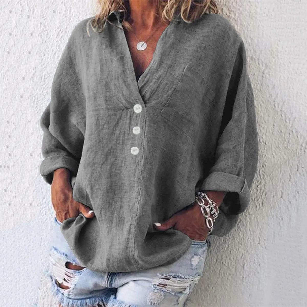 Women's Relaxed Linen Cotton V-Neck Button Sweater Shirt - Grey
