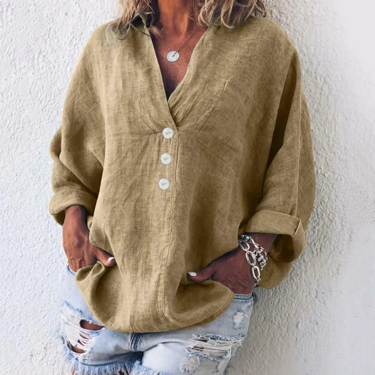 Women's Relaxed Linen Cotton V-Neck Button Sweater Shirt - Khaki