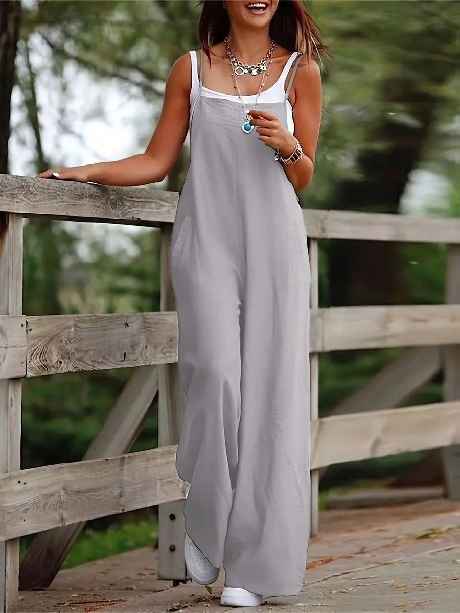 Women's Relaxed Linen Wide Leg Pants Dungaree Jumpsuit