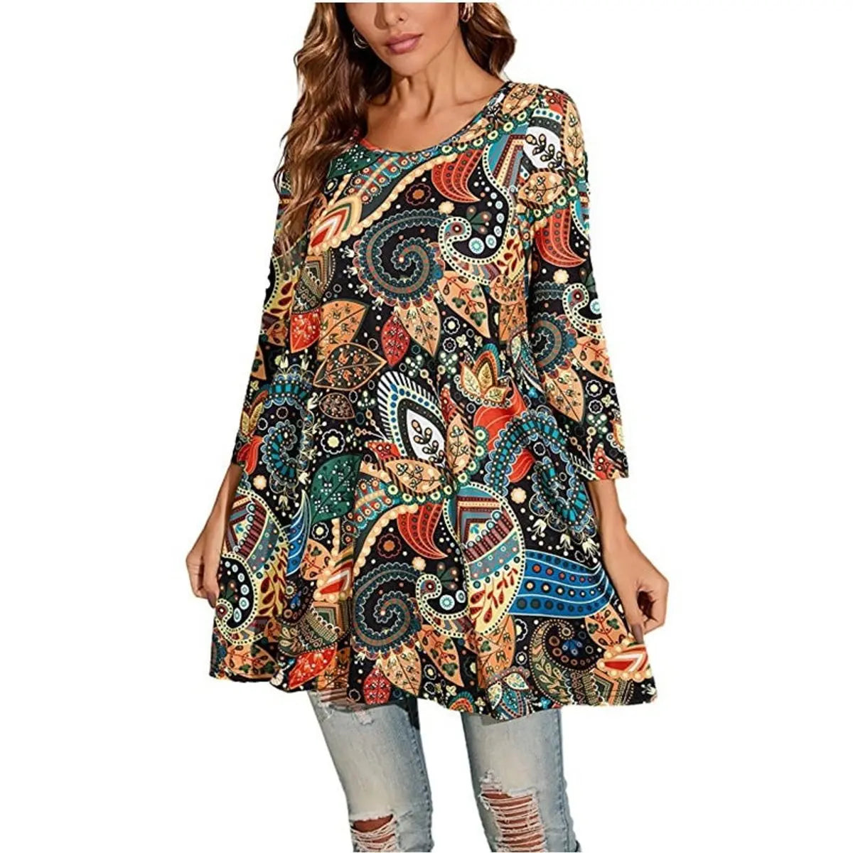 Women's Relaxed Mandala-Print 3/4 Sleeve Swing Tunic - A5