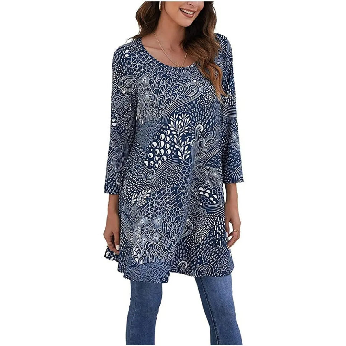 Women's Relaxed Mandala-Print 3/4 Sleeve Swing Tunic - A12
