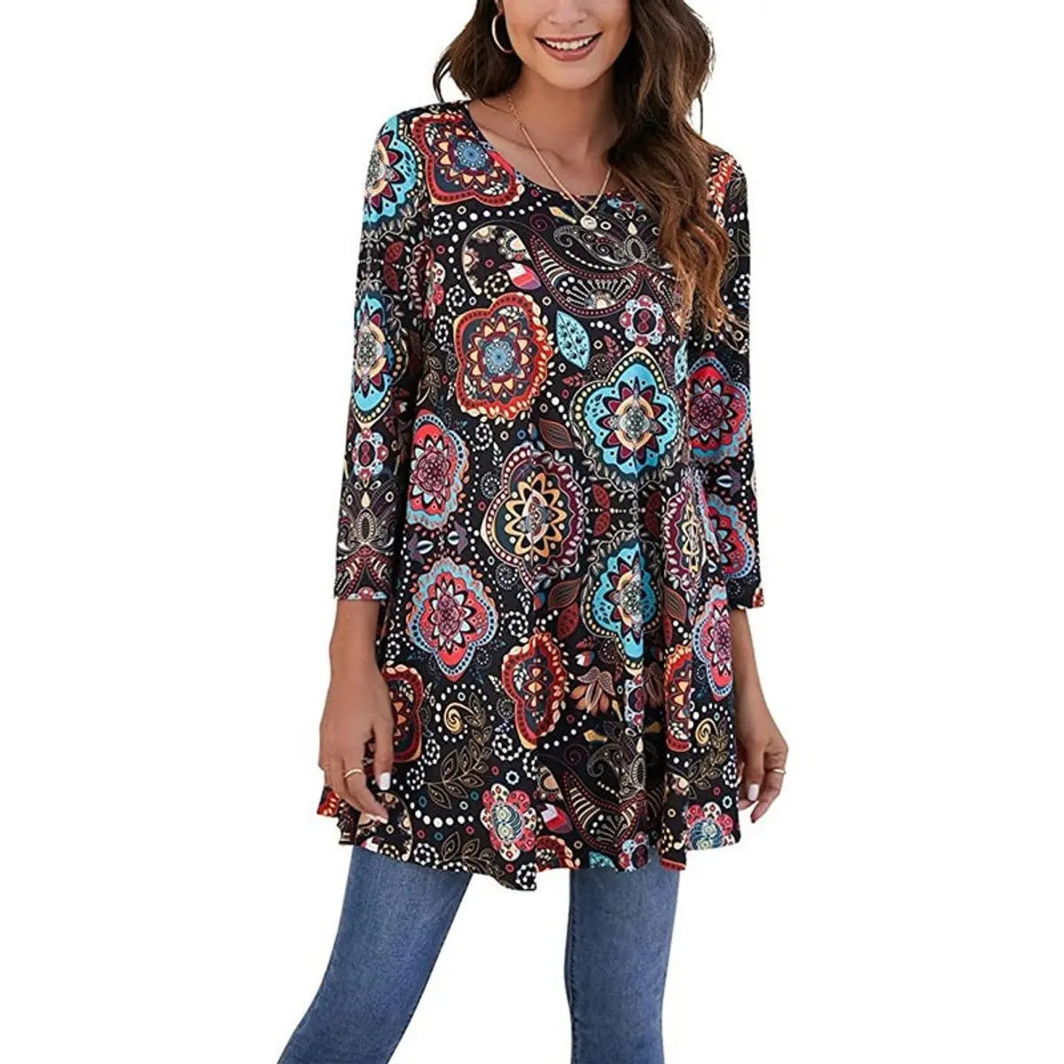 Women's Relaxed Mandala-Print 3/4 Sleeve Swing Tunic - A2