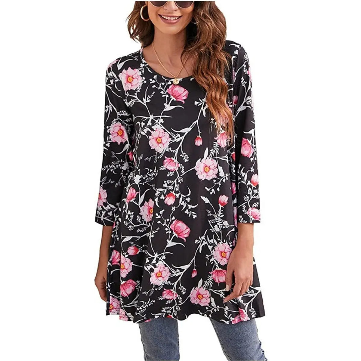 Women's Relaxed Mandala-Print 3/4 Sleeve Swing Tunic - A4