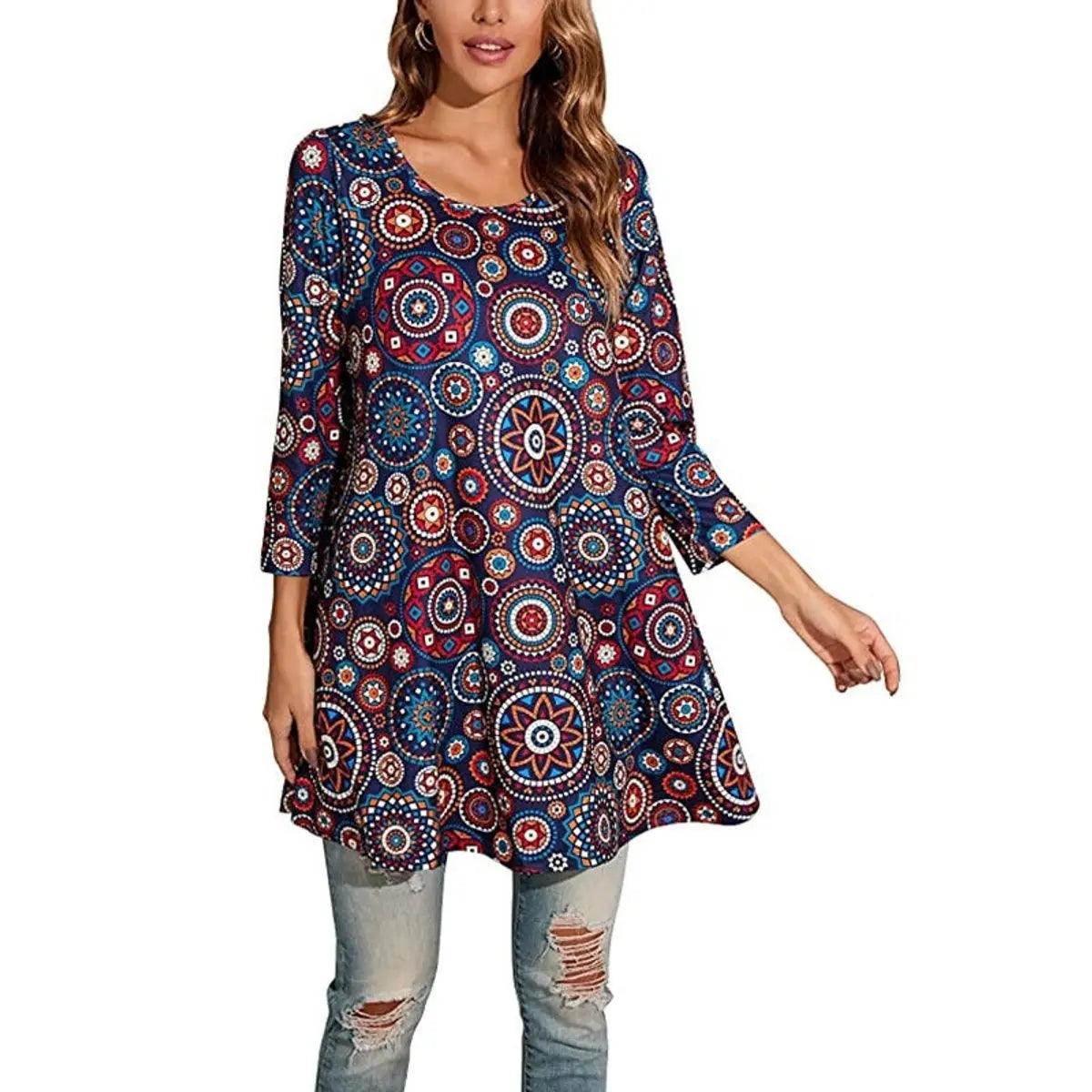 Women's Relaxed Mandala-Print 3/4 Sleeve Swing Tunic - 11