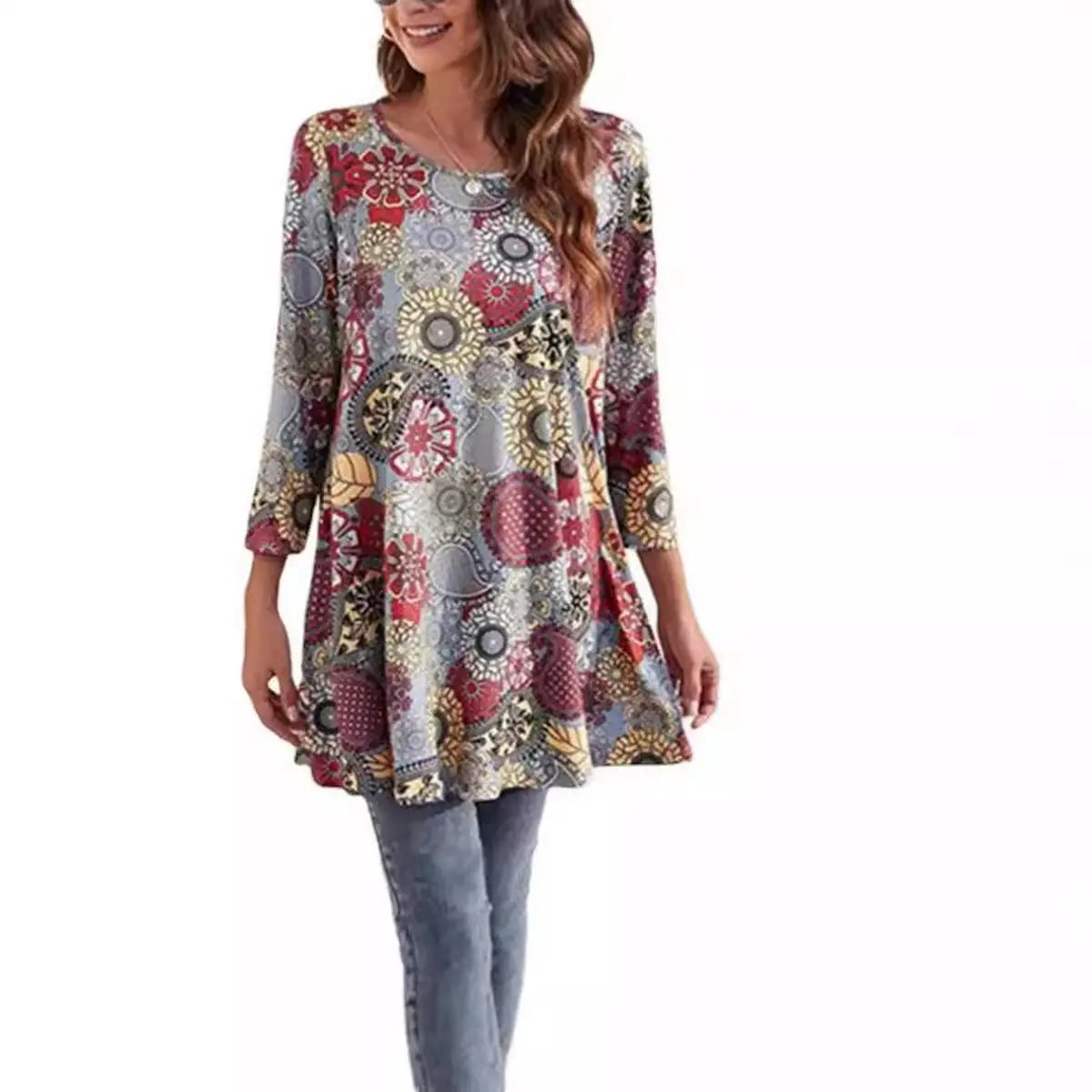 Women's Relaxed Mandala-Print 3/4 Sleeve Swing Tunic