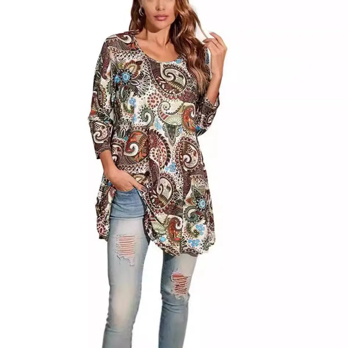 Women's Relaxed Mandala-Print 3/4 Sleeve Swing Tunic