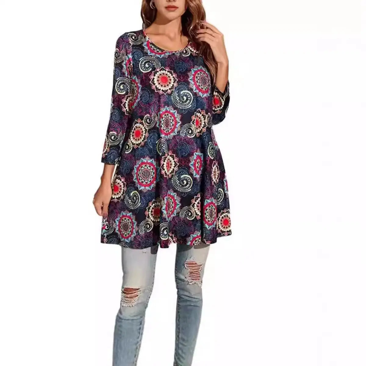 Women's Relaxed Mandala-Print 3/4 Sleeve Swing Tunic