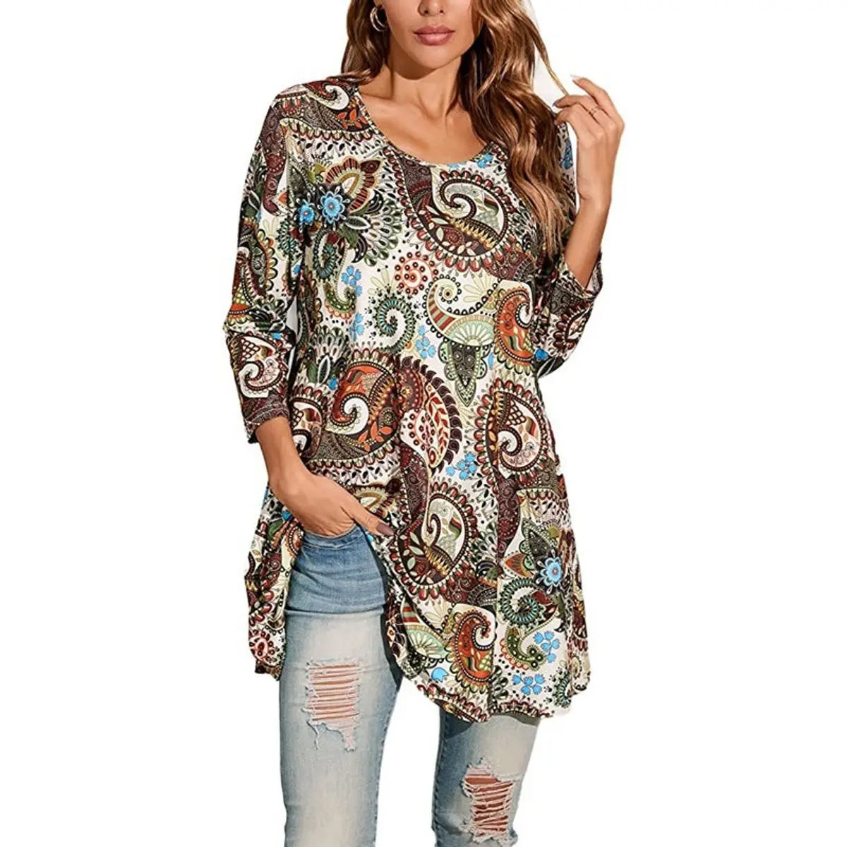 Women's Relaxed Mandala-Print 3/4 Sleeve Swing Tunic - A1