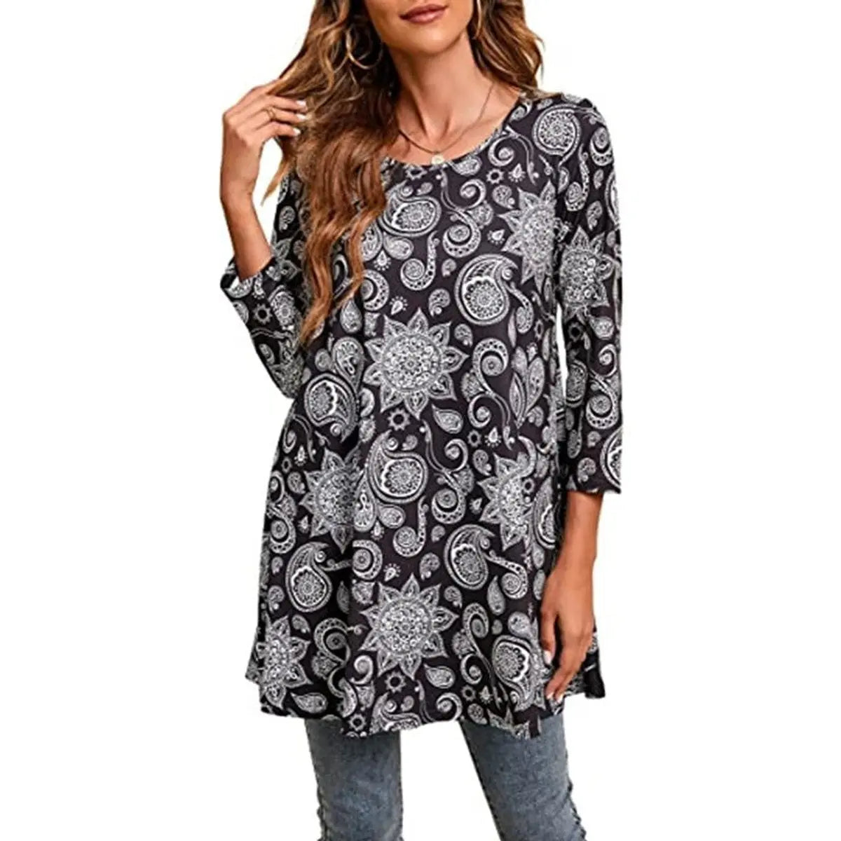 Women's Relaxed Mandala-Print 3/4 Sleeve Swing Tunic - A14