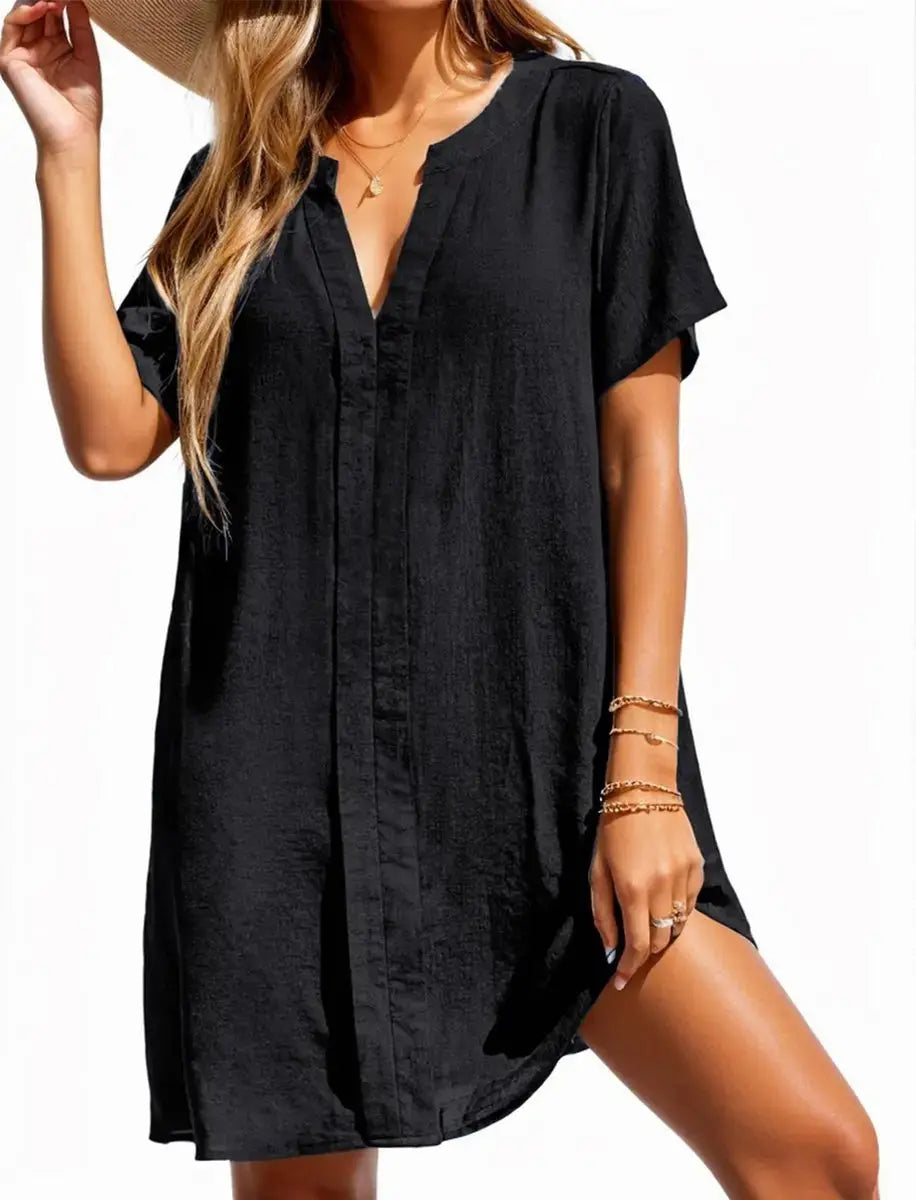 Women's Relaxed V-Neck Short Sleeve Linen Tunic Dress - Black