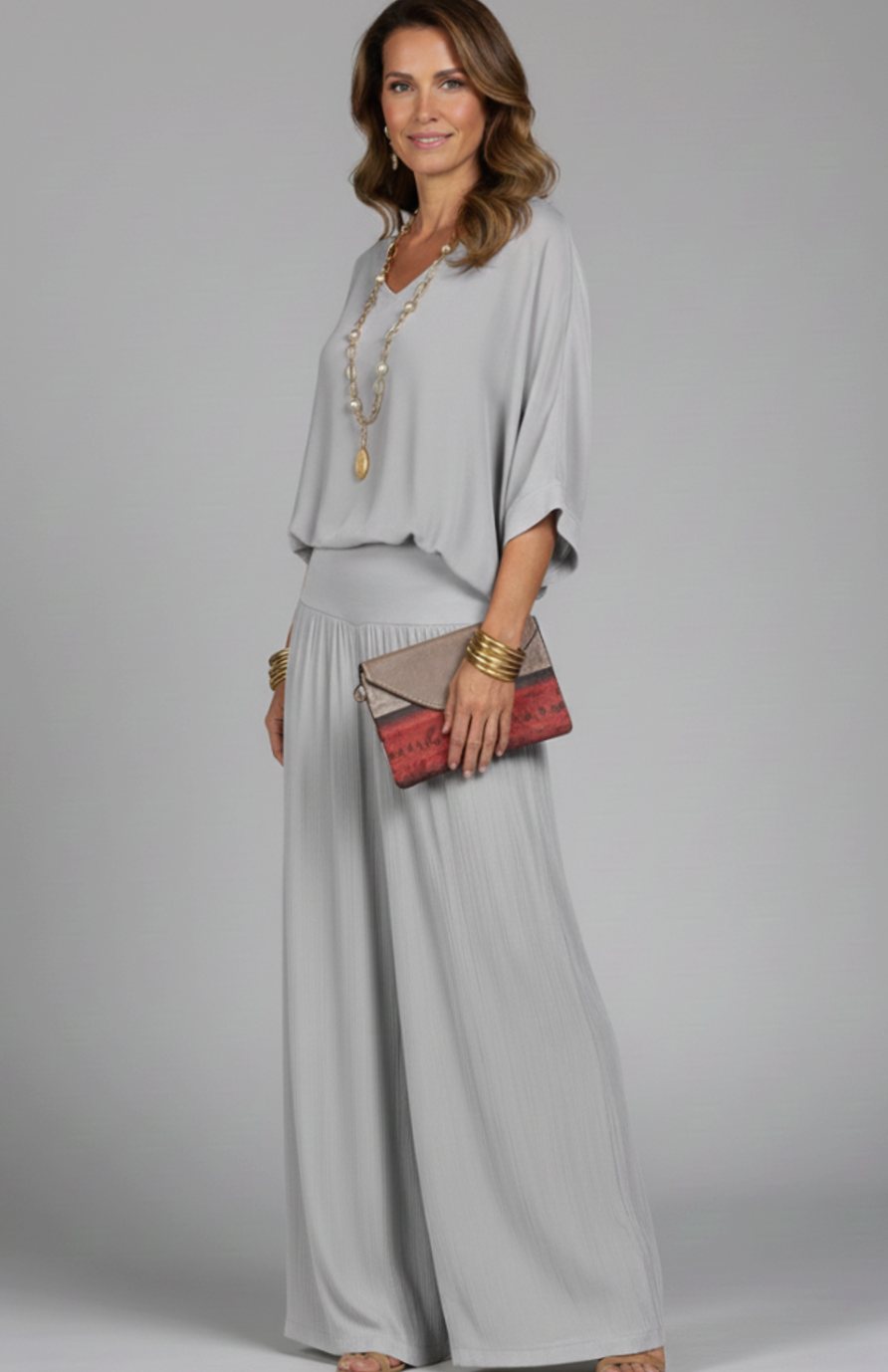 Women's Relaxed Wide-Leg Chiffon Top Two-Piece Set - Grey