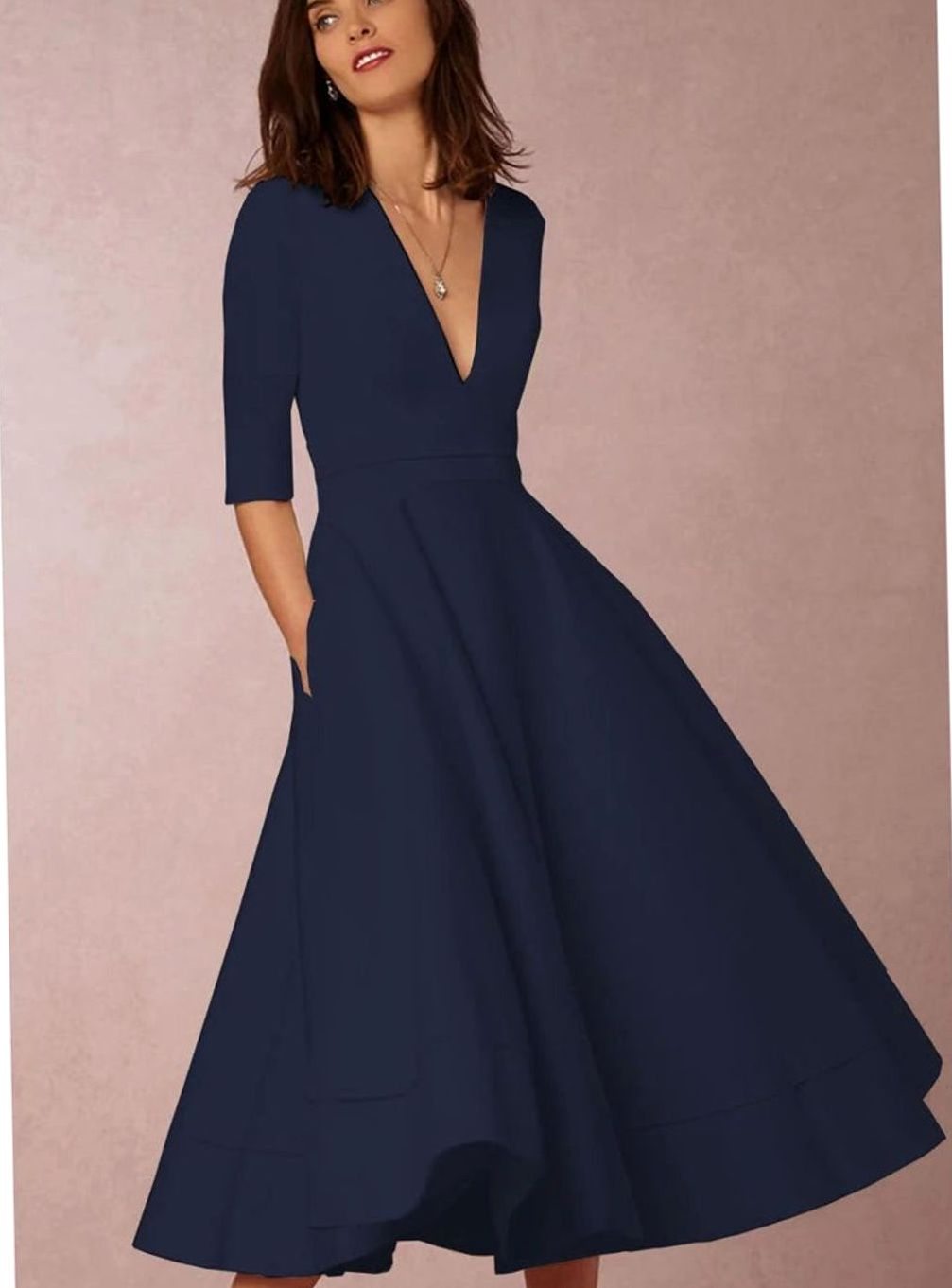 Women's Retro A-Line Deep V-Neck Midi Dress - Navy Blue