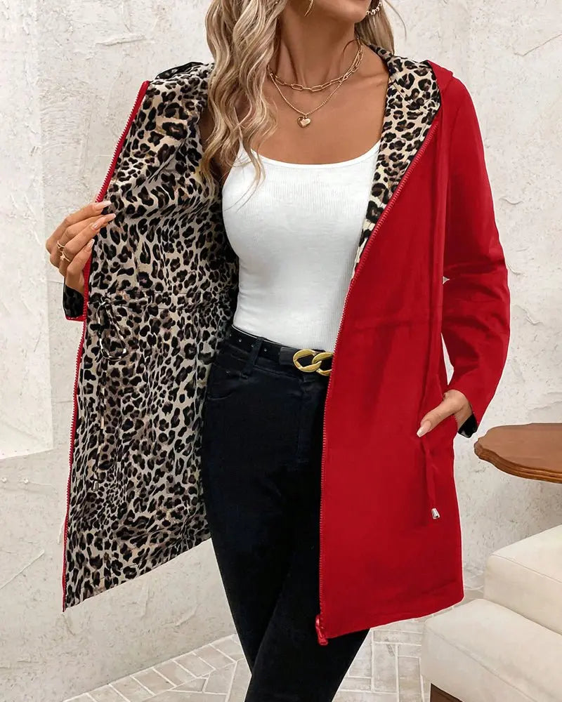 Women's Reversible Coat Long Sleeve Hooded Leopard Print - Red