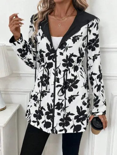 Women's Reversible Coat Long Sleeve Hooded Leopard Print - White