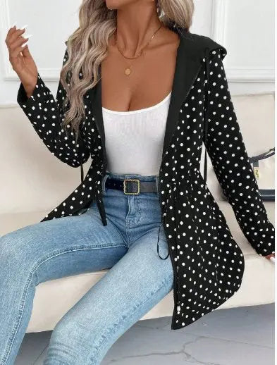 Women's Reversible Coat Long Sleeve Hooded Leopard Print - Black Polka