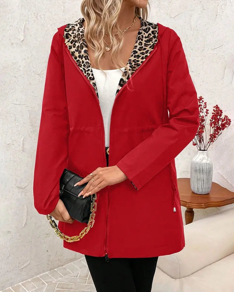 Women's Reversible Coat Long Sleeve Hooded Leopard Print
