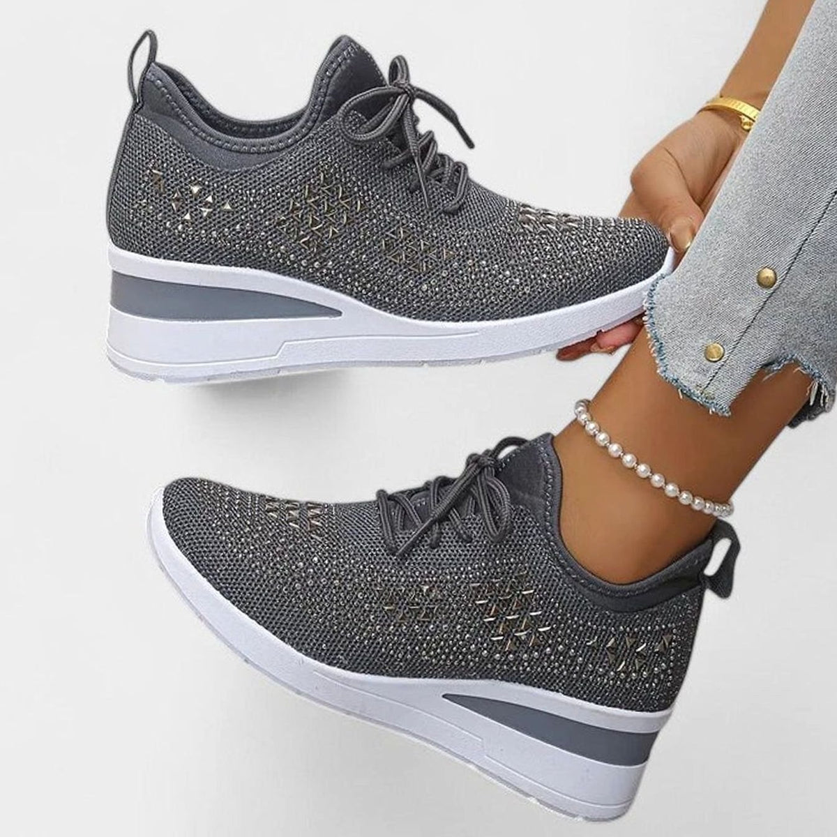 Women's Rhinestone Embellished Wedge Lace-Up Orthopedic Trainers - Grey