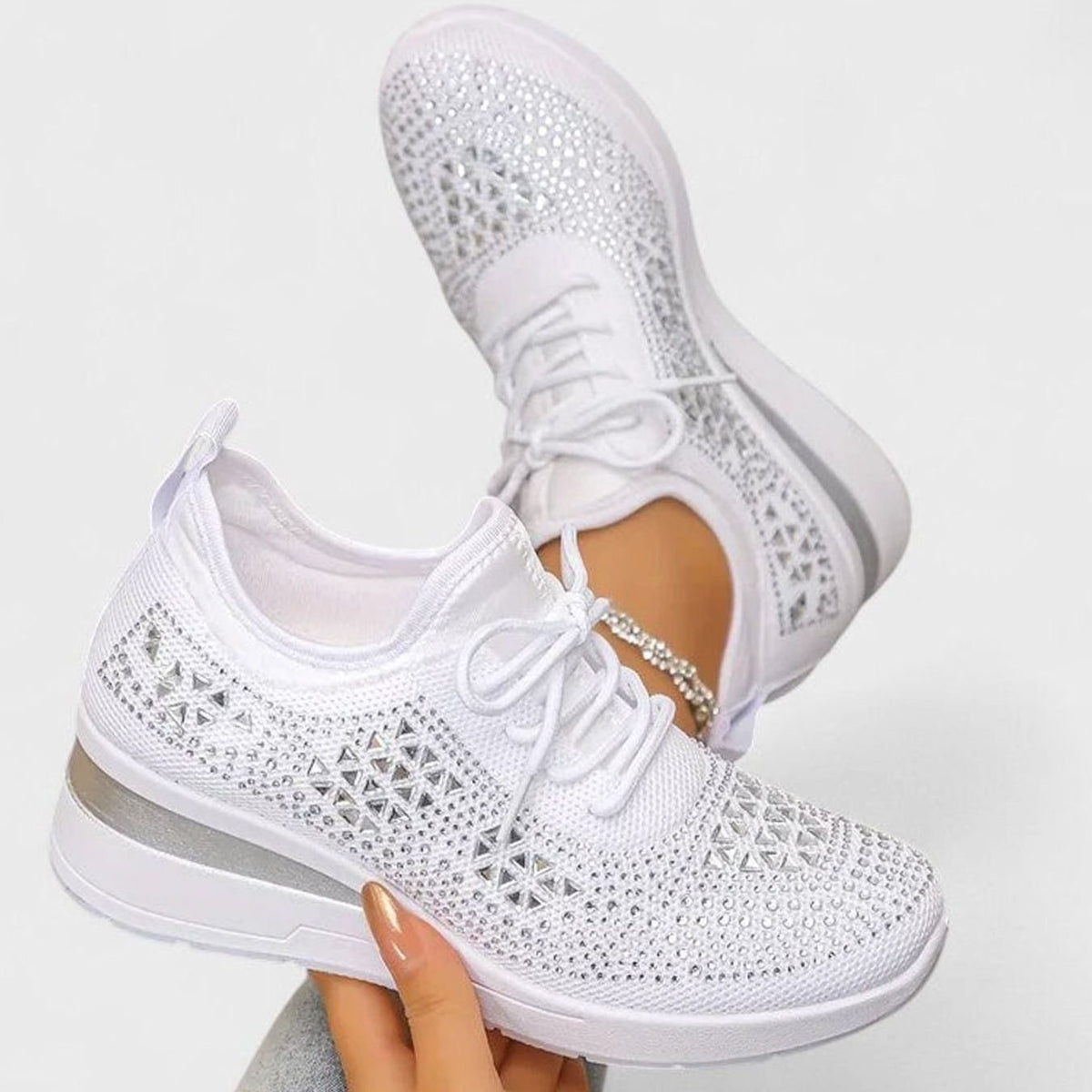 Women's Rhinestone Embellished Wedge Lace-Up Orthopedic Trainers - White