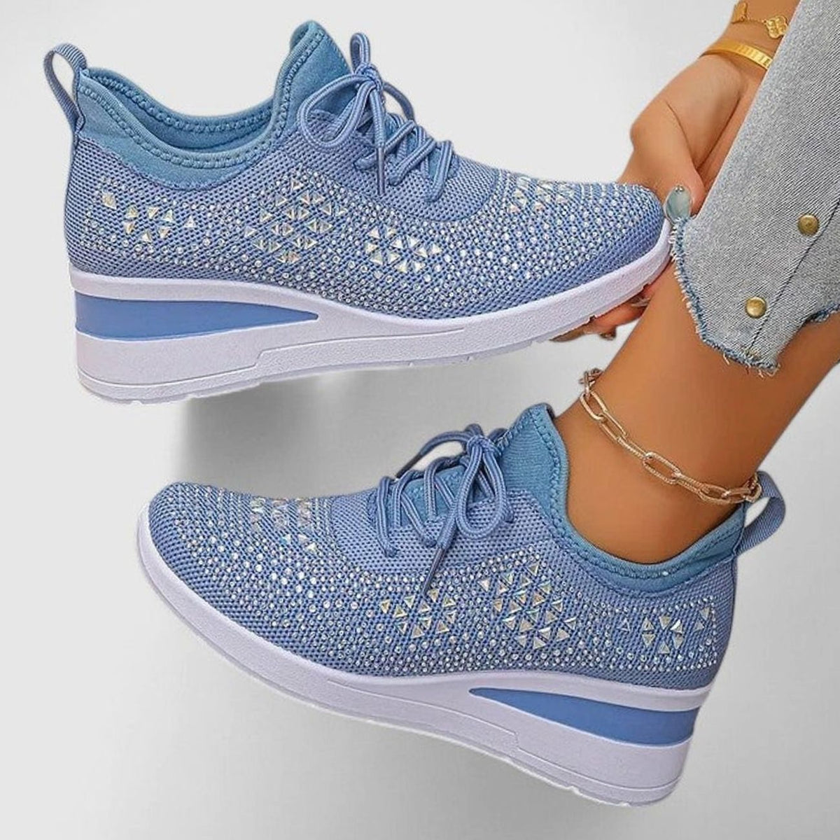 Women's Rhinestone Embellished Wedge Lace-Up Orthopedic Trainers - Blue
