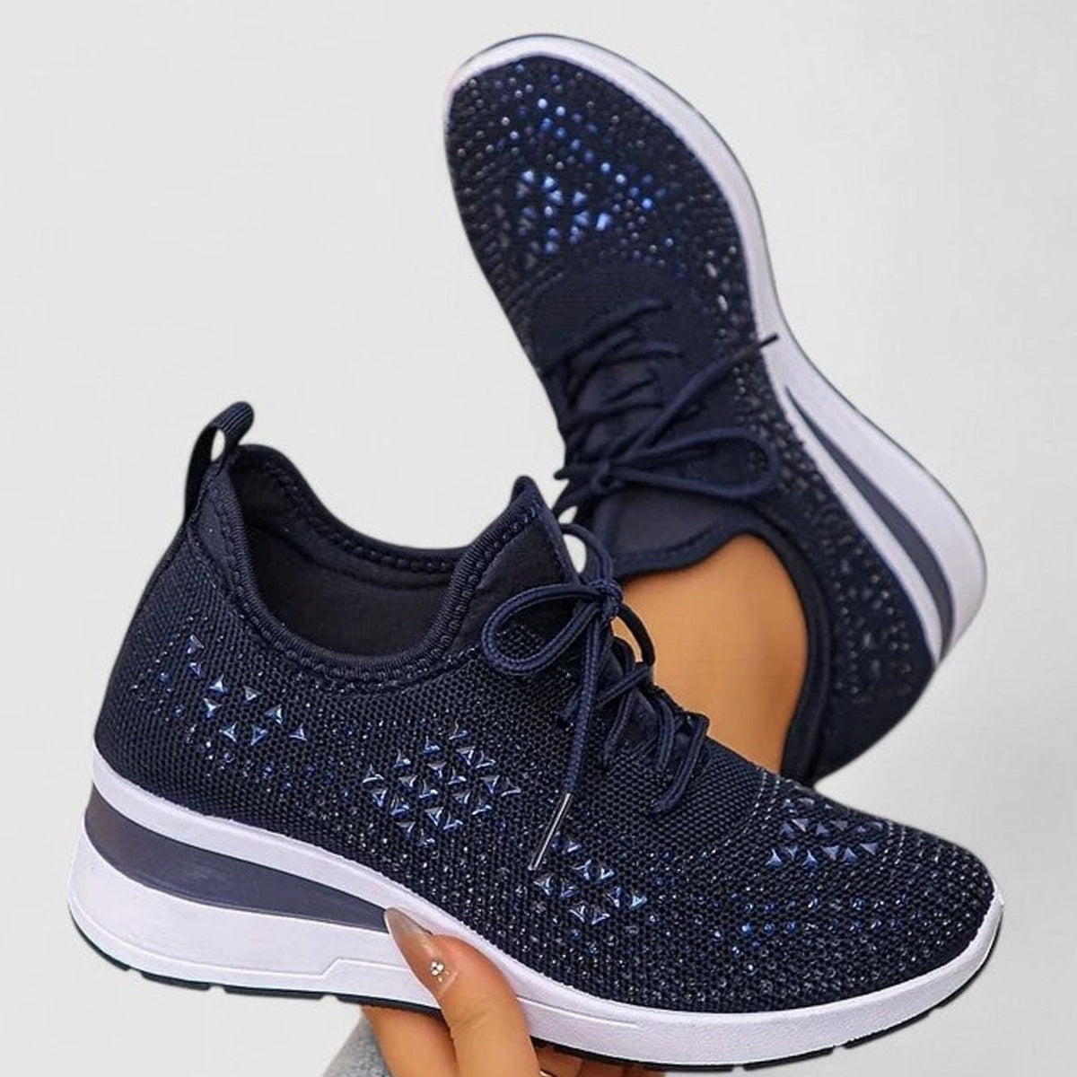 Women's Rhinestone Embellished Wedge Lace-Up Orthopedic Trainers - Dark Blue