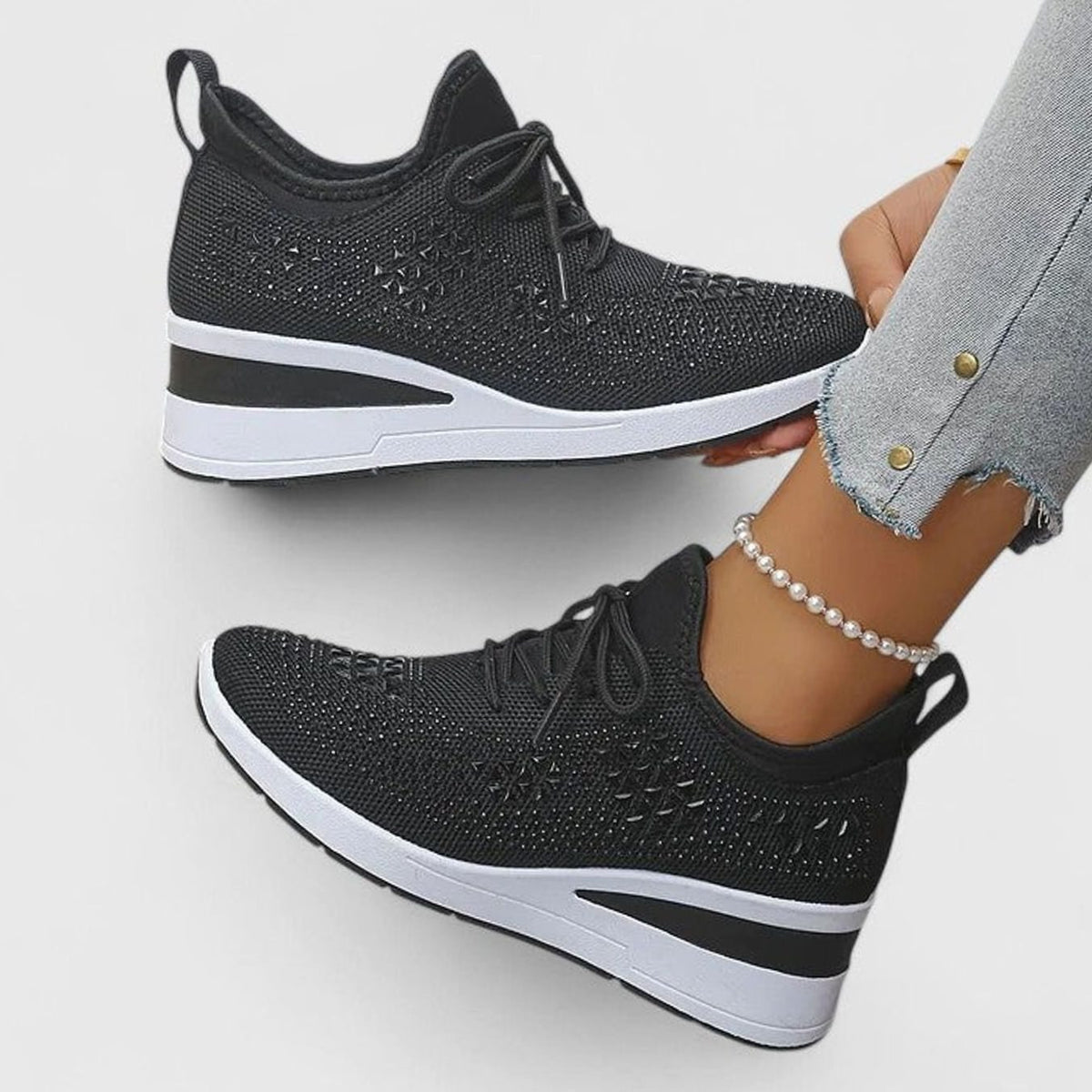 Women's Rhinestone Embellished Wedge Lace-Up Orthopedic Trainers - Black