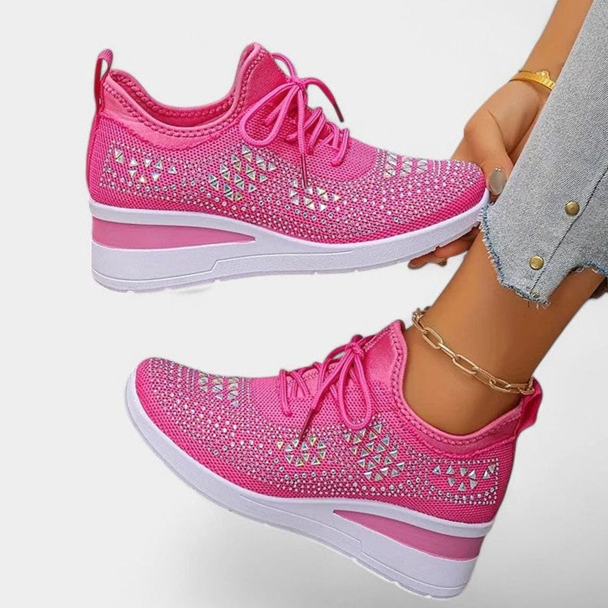 Women's Rhinestone Embellished Wedge Lace-Up Orthopedic Trainers - Rose