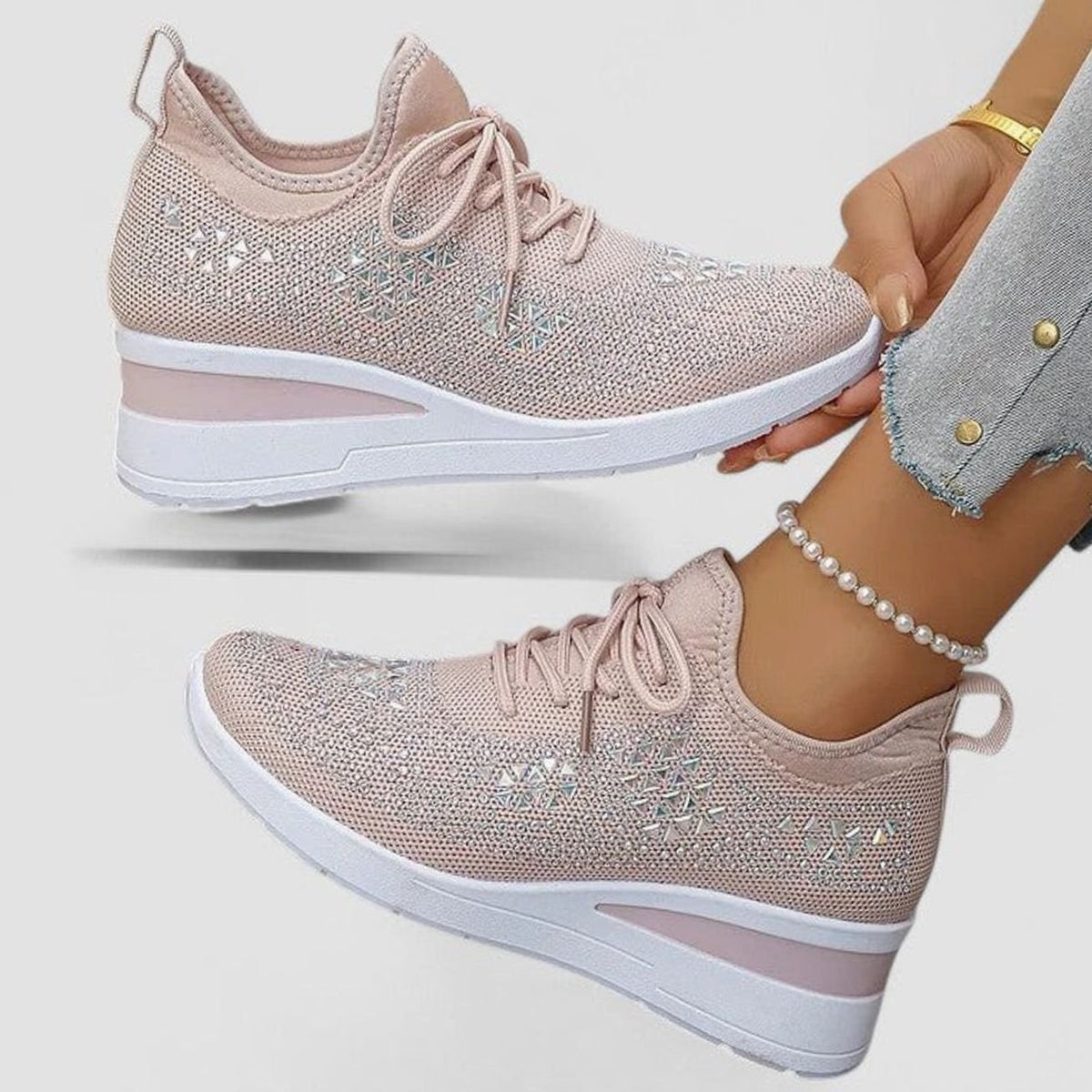 Women's Rhinestone Embellished Wedge Lace-Up Orthopedic Trainers - Pink