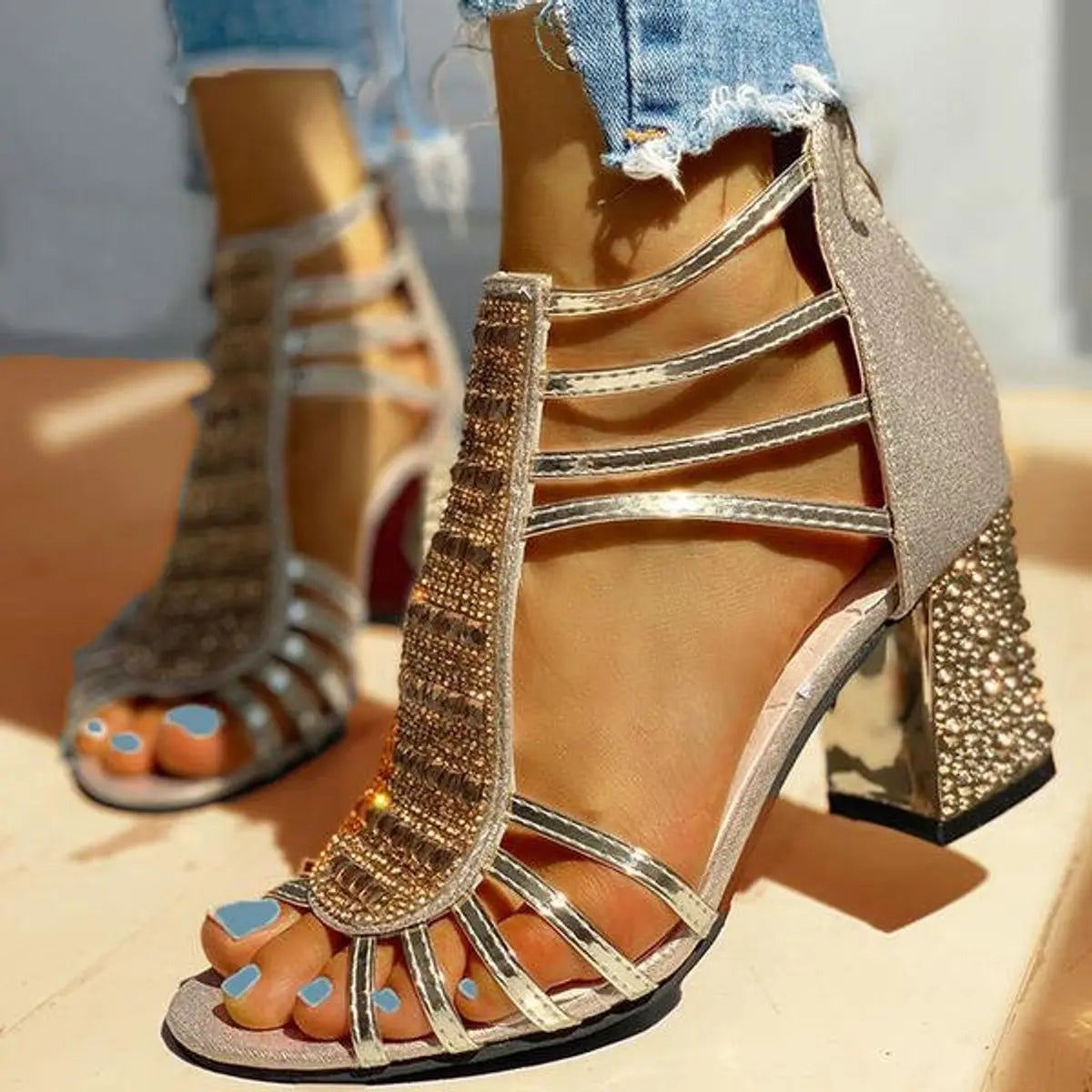 Women's Rhinestone Strappy Block Heel Comfortable Sandals - Gold