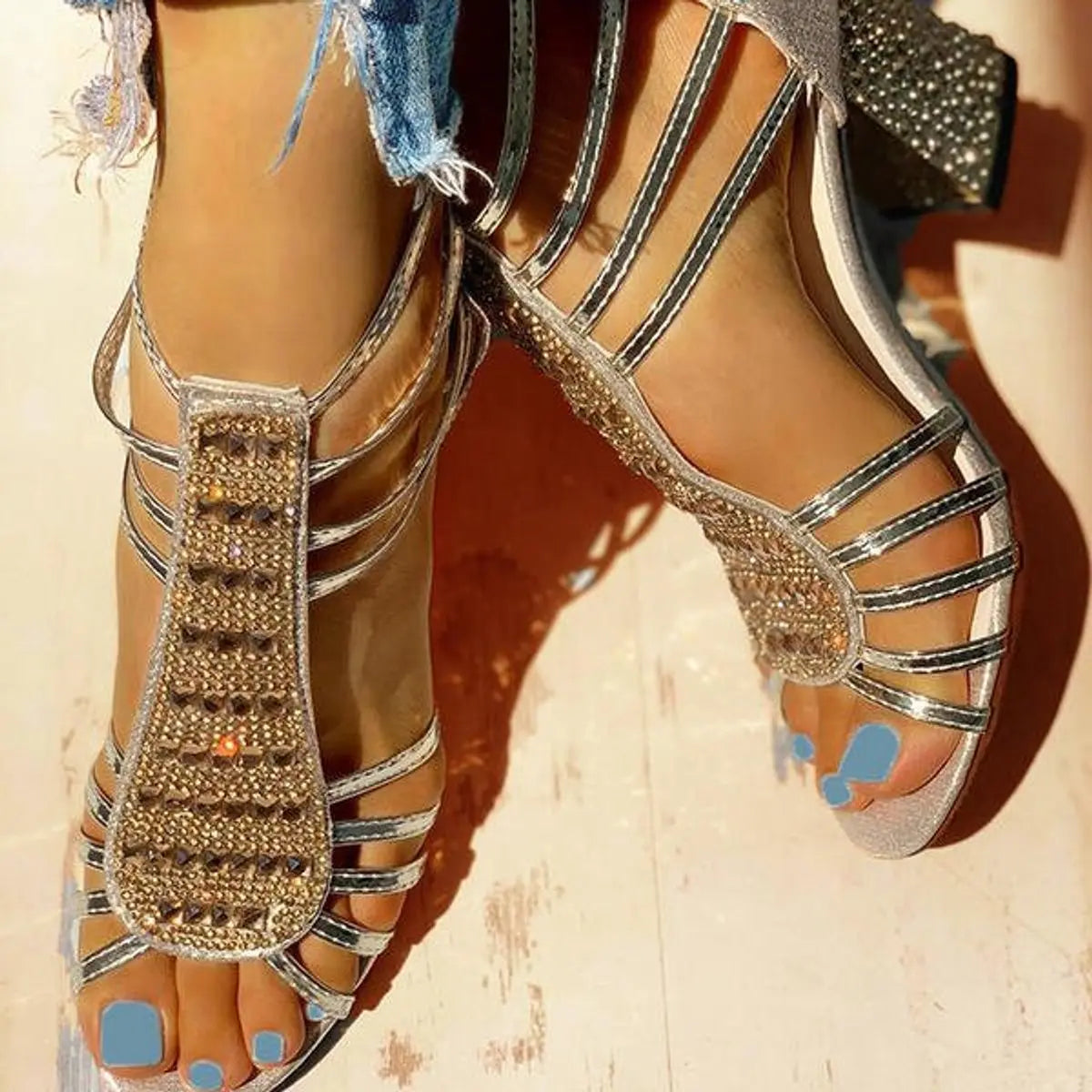 Women's Rhinestone Strappy Block Heel Comfortable Sandals