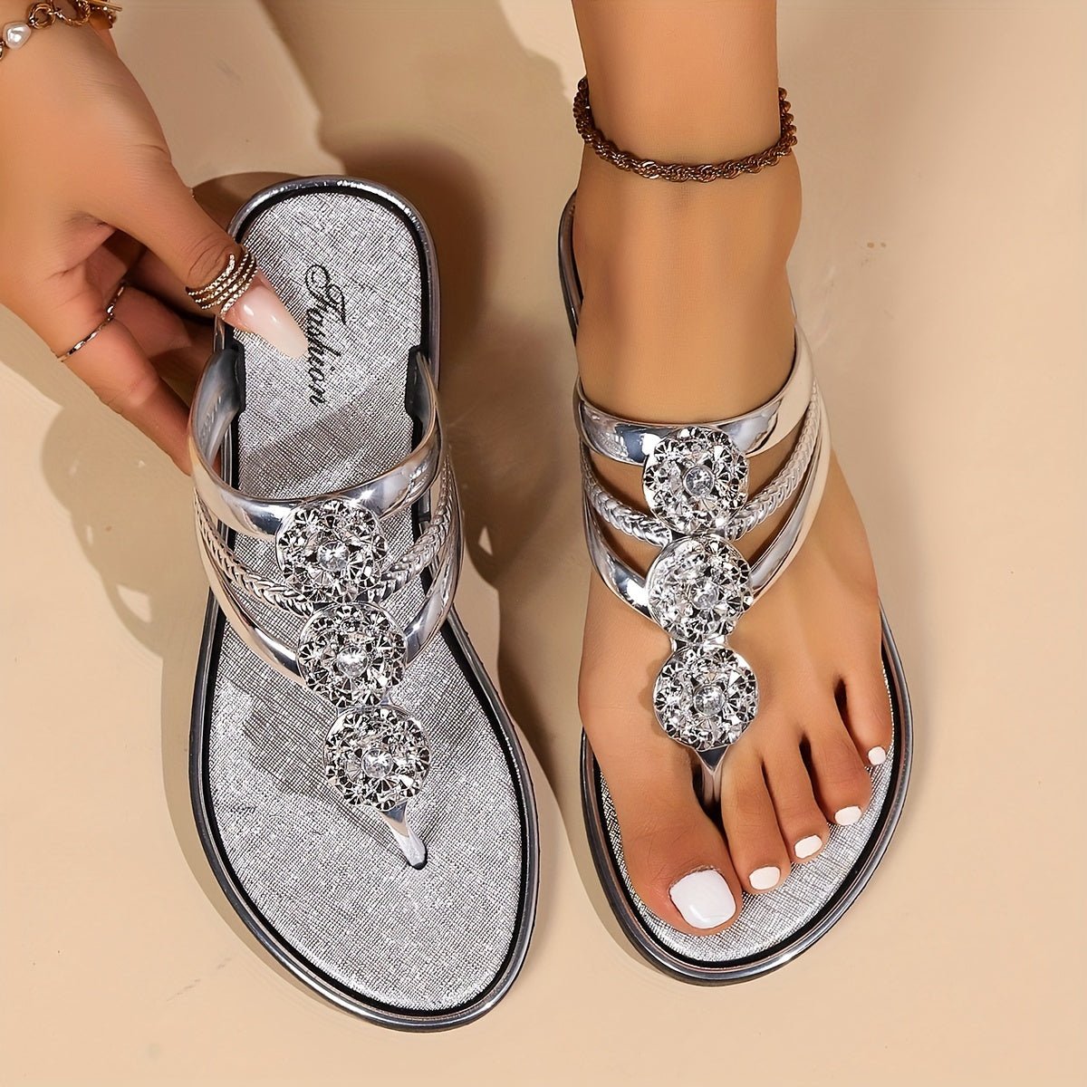 Women's Rhinestone T-Strap Flat Sandals - Silver