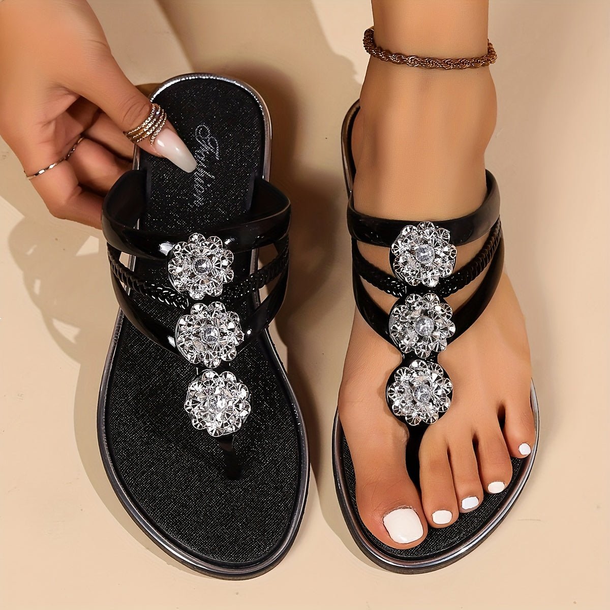 Women's Rhinestone T-Strap Flat Sandals - Black