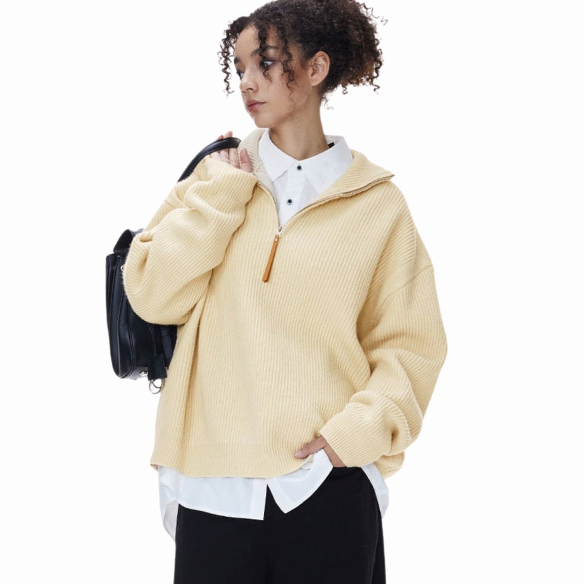 Women's Ribbed Cotton Half-Zip Jumper High-Neck Knitwear