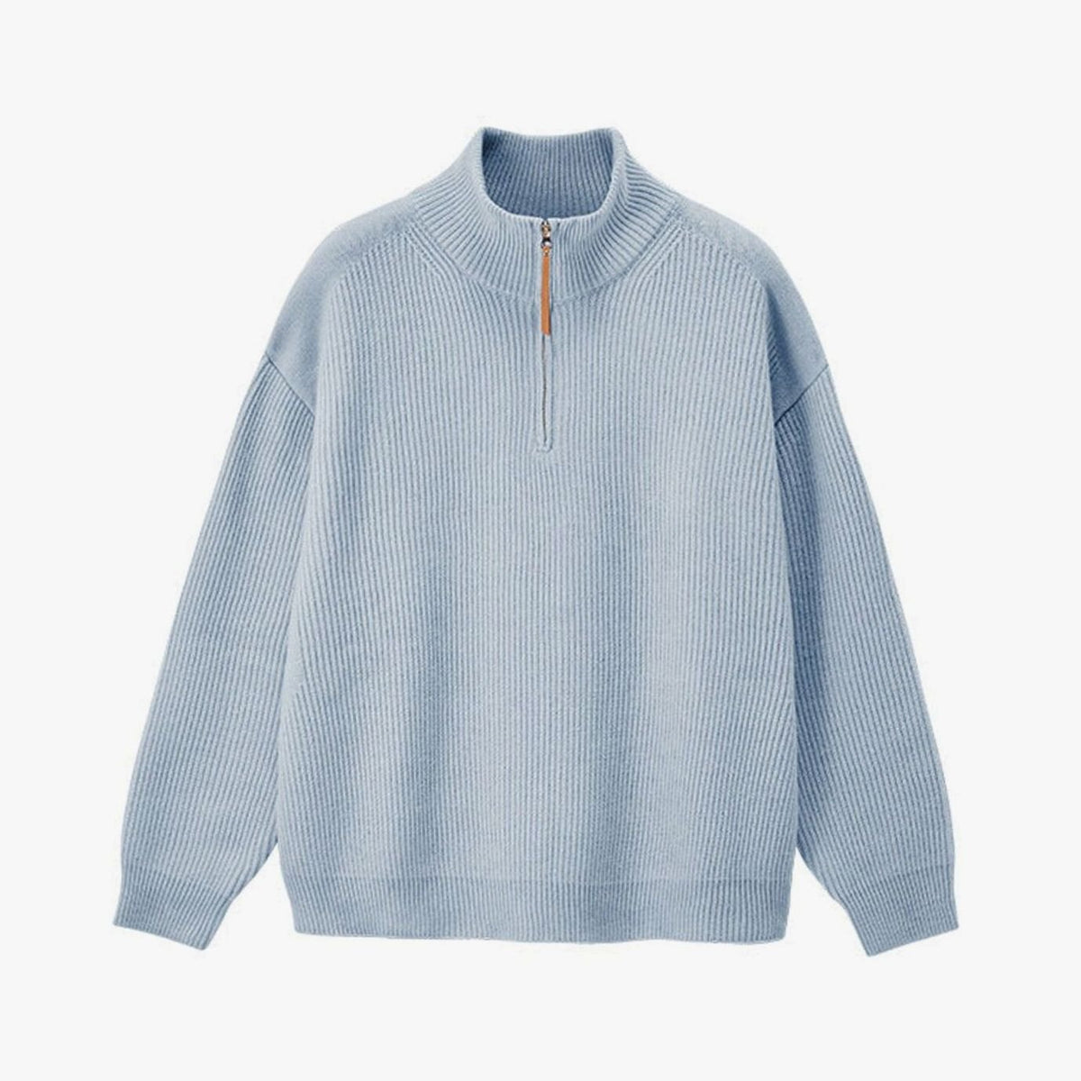 Women's Ribbed Cotton Half-Zip Jumper High-Neck Knitwear - Blue