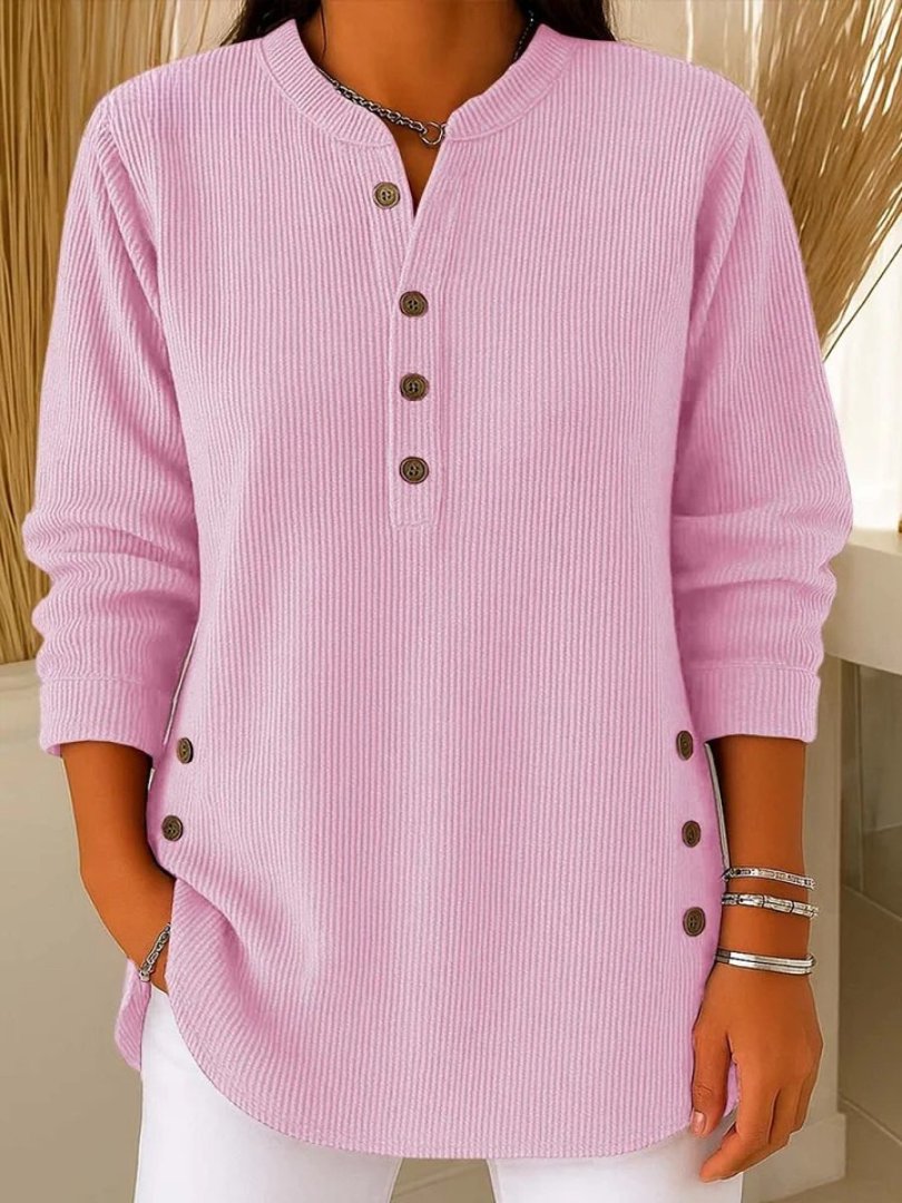Women's Ribbed Jumper Button Detail Long Sleeve - Pink