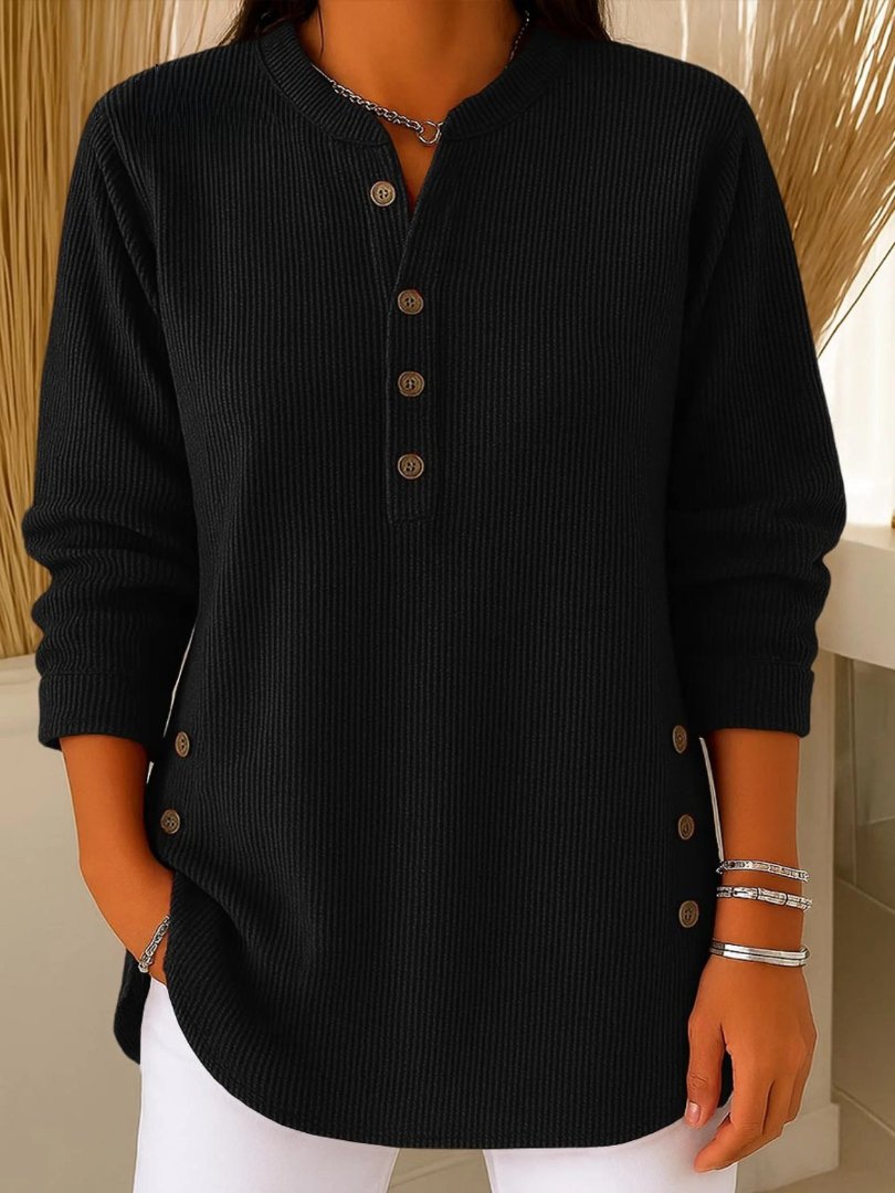 Women's Ribbed Jumper Button Detail Long Sleeve - Black