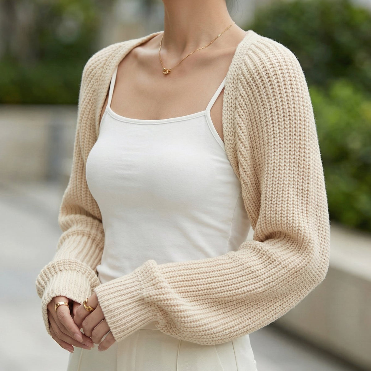 Women's Ribbed Knit Cropped Bolero Shrug Cardigan - Beige
