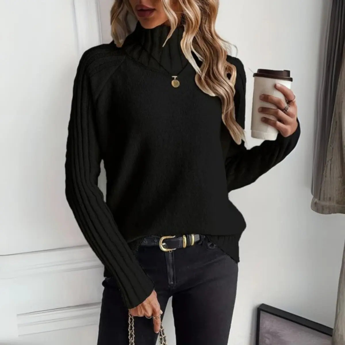 Women's Ribbed Knit Turtleneck Sweater Relaxed Fit Jumper - Black