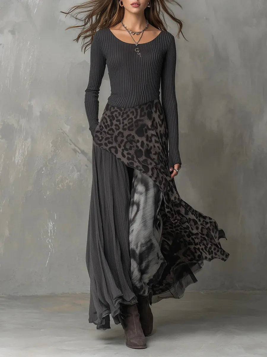 Women's Ribbed Leopard Print Irregular Hem Maxi Long Sleeve Dress - Grey