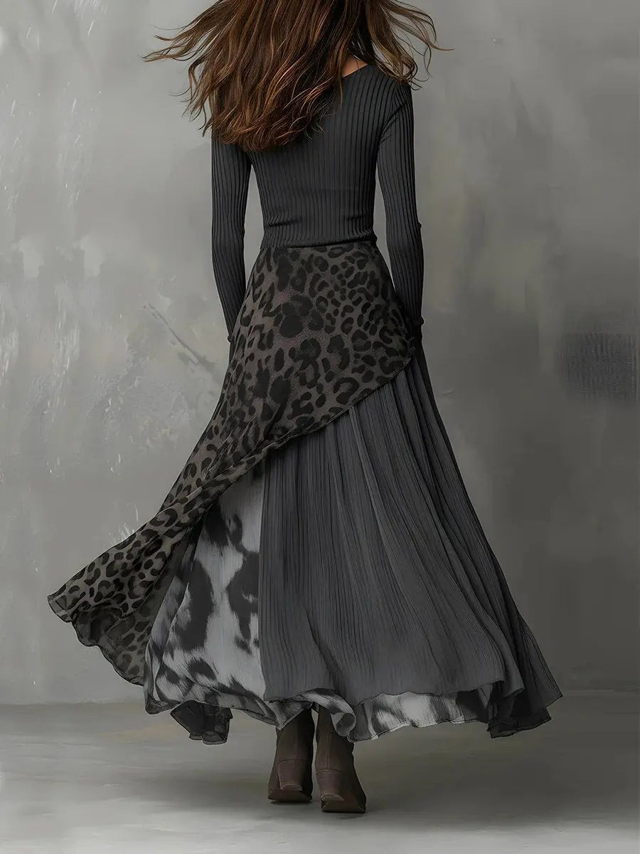 Women's Ribbed Leopard Print Irregular Hem Maxi Long Sleeve Dress