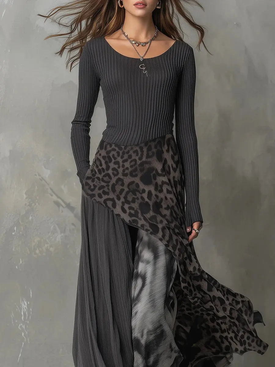 Women's Ribbed Leopard Print Irregular Hem Maxi Long Sleeve Dress
