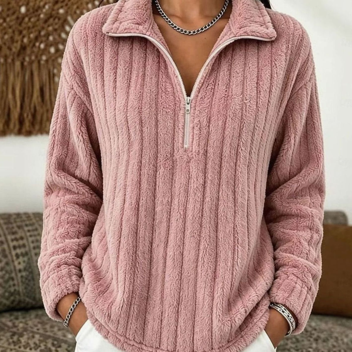 Women's Ribbed Plush Quarter-Zip Fleece Pullover Jumper - Pink