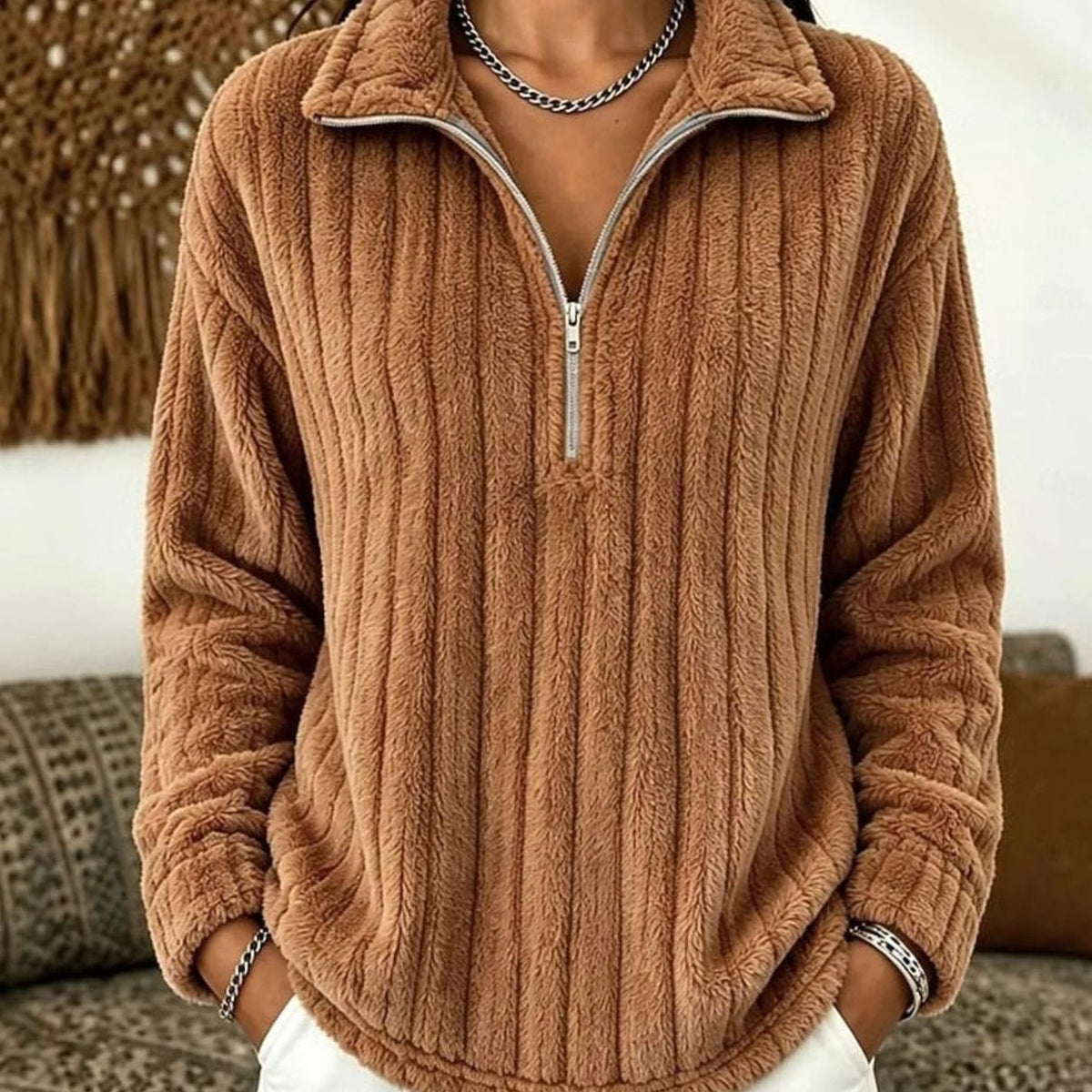 Women's Ribbed Plush Quarter-Zip Fleece Pullover Jumper - Light Brown