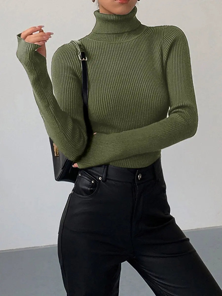 Women's Ribbed Turtleneck Knit Sweater Lightweight Transitional - Green